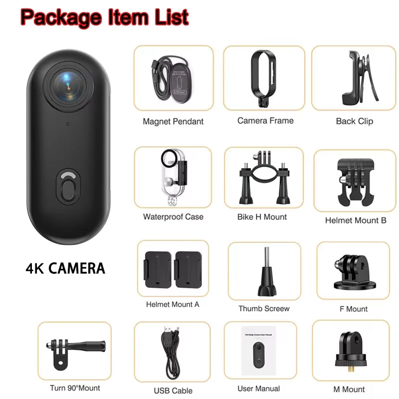 Pocket 4K Mini Camera Magnetic Wearable Cam with Waterproof Shell Wifi Bike Camera Friendly for Casual Cycling Vlog Home Use